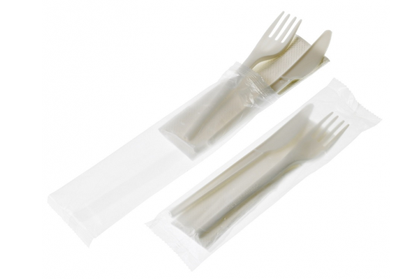 Set forchetta, coltello e tovagliolo bio in fibra di mais CPLA cm. 16 - Stoviglie Bio